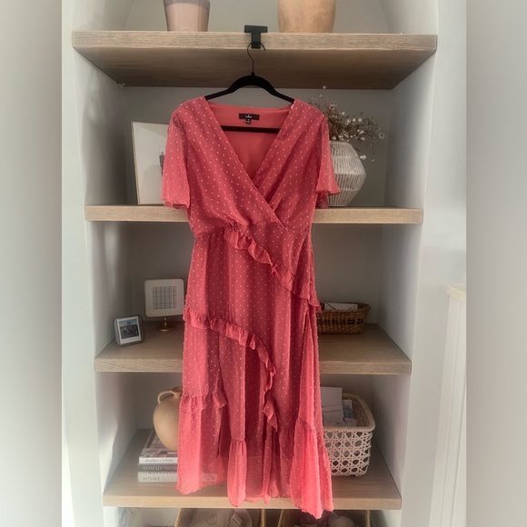 LULUS Next to You Rusty Rose Swiss Dot Ruffled Midi
Dress - Picture 5 of 8